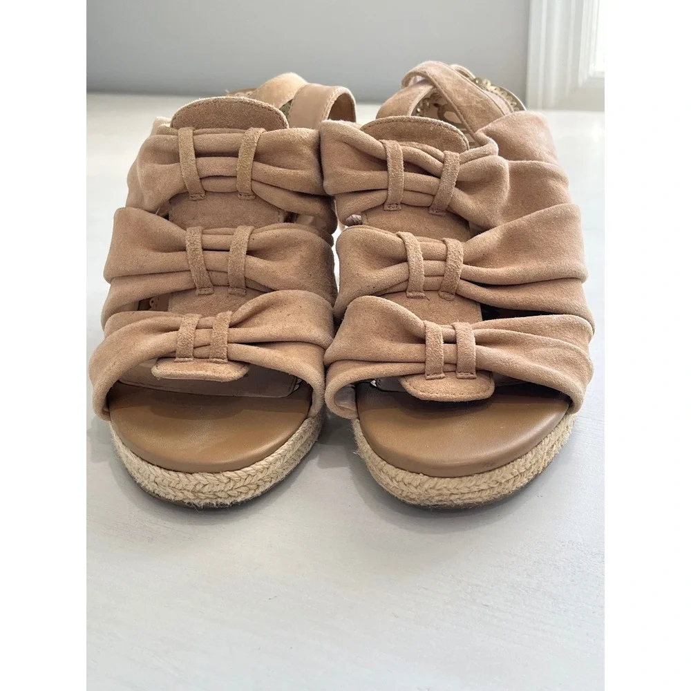 Sam Edelman Tan Suede Espadrille Wedge Sandals Bow Ankle Strap Women Size 6.5M‎